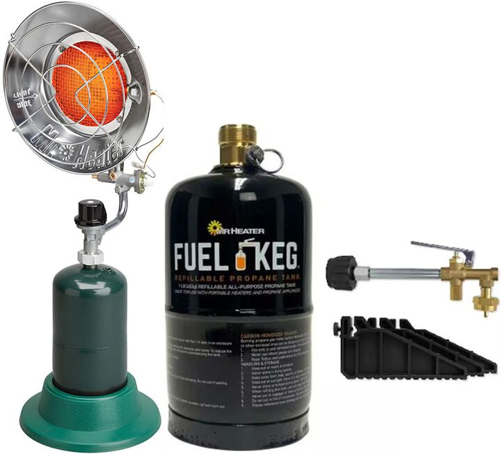 Mr Heater 15,000 BTU Tank Top Heater 1 Pound Refillable Fuel Keg Tank & Refillable Propane Tank Kit Bundle