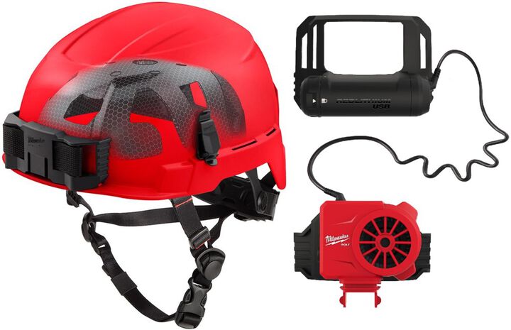 Milwaukee BOLT Red Safety Helmet with IMPACT ARMOR Liner Type 2 Class E & USB Cooling Fan Bundle
