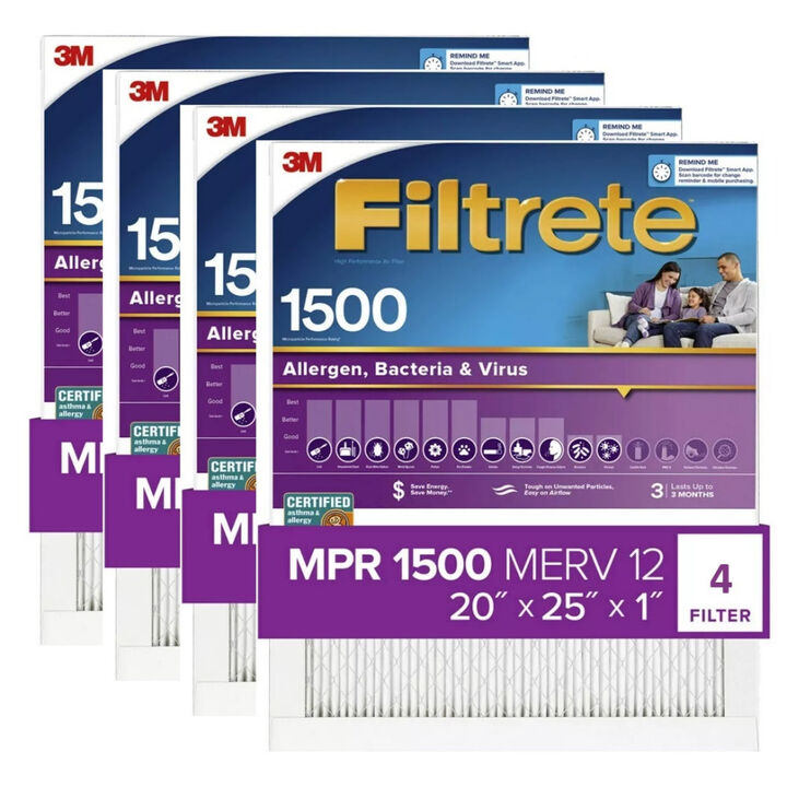 3M 20 Inch x 25 Inch 1500 MPR MERV 12 Allergen Air Filter - 4 Pack