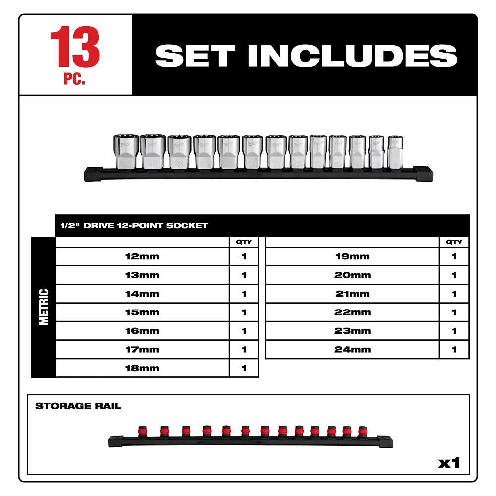 Milwaukee 1/2 Inch Drive 12-Point Metric Socket Set, 13 Pieces, large image number 2