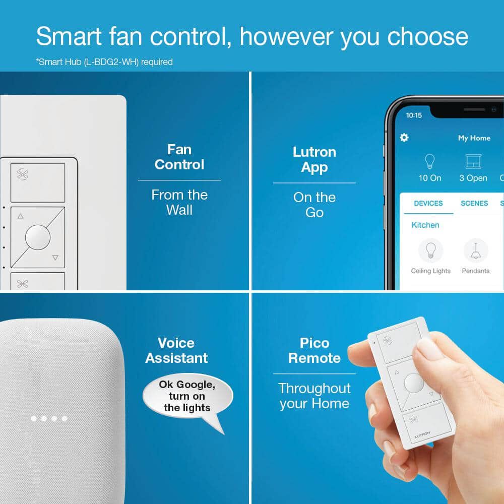 Lutron Caseta 120V 1.5A 1P Gloss White Wireless Smart Fan Speed Control, large image number 8