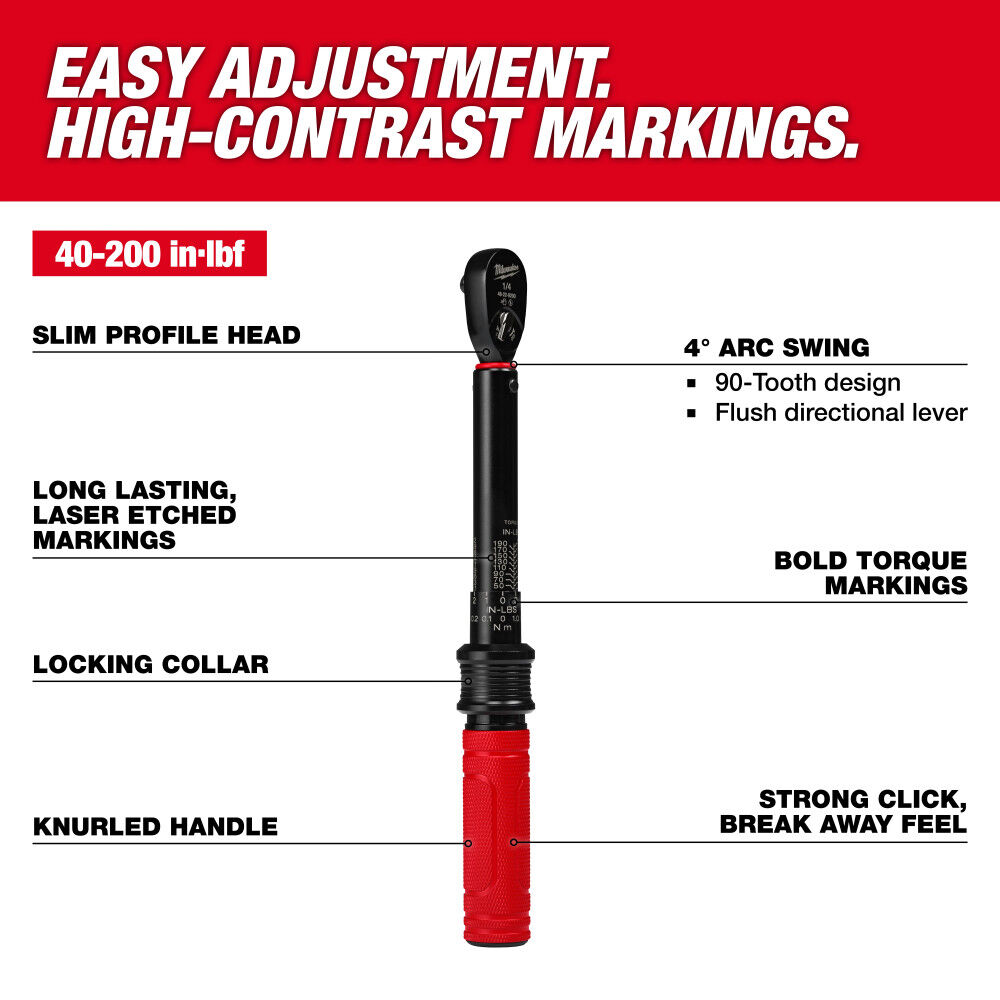 Milwaukee 1/4 Inch Drive Click Torque Wrench 40-200 Inch-Lbs, large image number 2