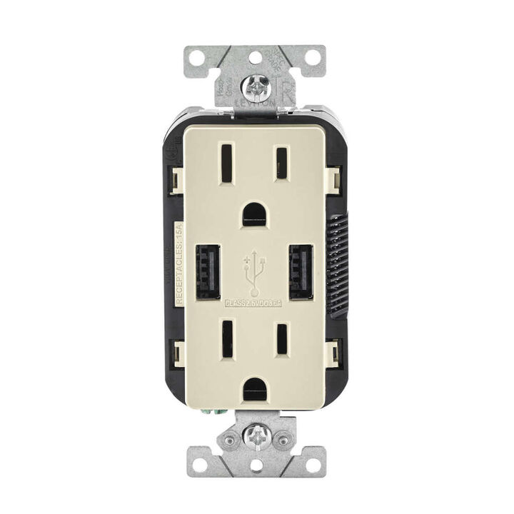 Leviton Decora 5-15R Outlet & USB Charger 15A 125V Light Almond