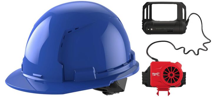 Milwaukee Blue Front Brim Vented Hard Hat with 4pt Ratcheting Suspension Type 1 Class C & BOLT Cooling Fan Bundle