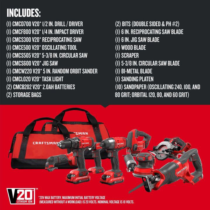 CRAFTSMAN V20 Cordless 8-Tool Combo Kit with Two 2.0 Ah Batteries and Charger, large image number 2