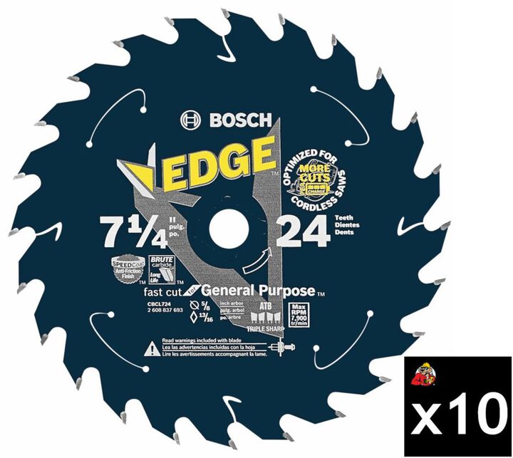 Bosch 7-1/4 Inch 24T Pack of 10 Cordless Circular Saw Blades for General Purpose