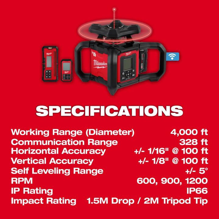 Milwaukee M18 Red Exterior Dual Slope Rotary Laser Level Kit with Receiver & Remote, large image number 6