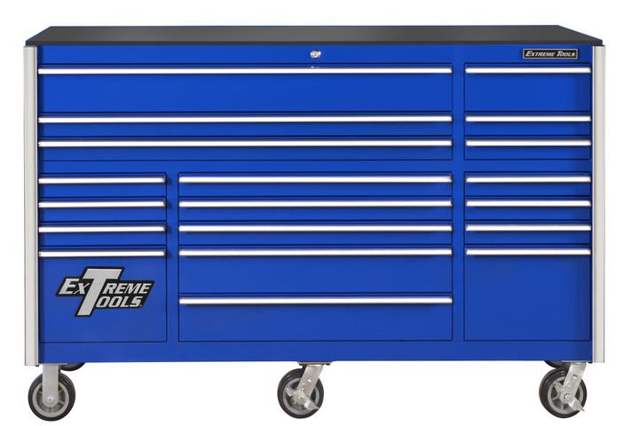 Extreme Tools RX Series 55 Inch W x 25 Inch D 12 Drawer Roller Cabinet 150 lbs Slides Blue with Chrome Drawer Pulls and Trim