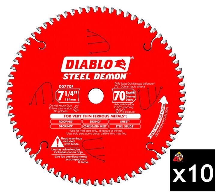 Diablo Tools 7-1/4 inch x 70 Tooth TCG Steel Demon Thin Metal Cutting Circular Saw Blade with 5/8 inch Diamond Arbor 10 Pack