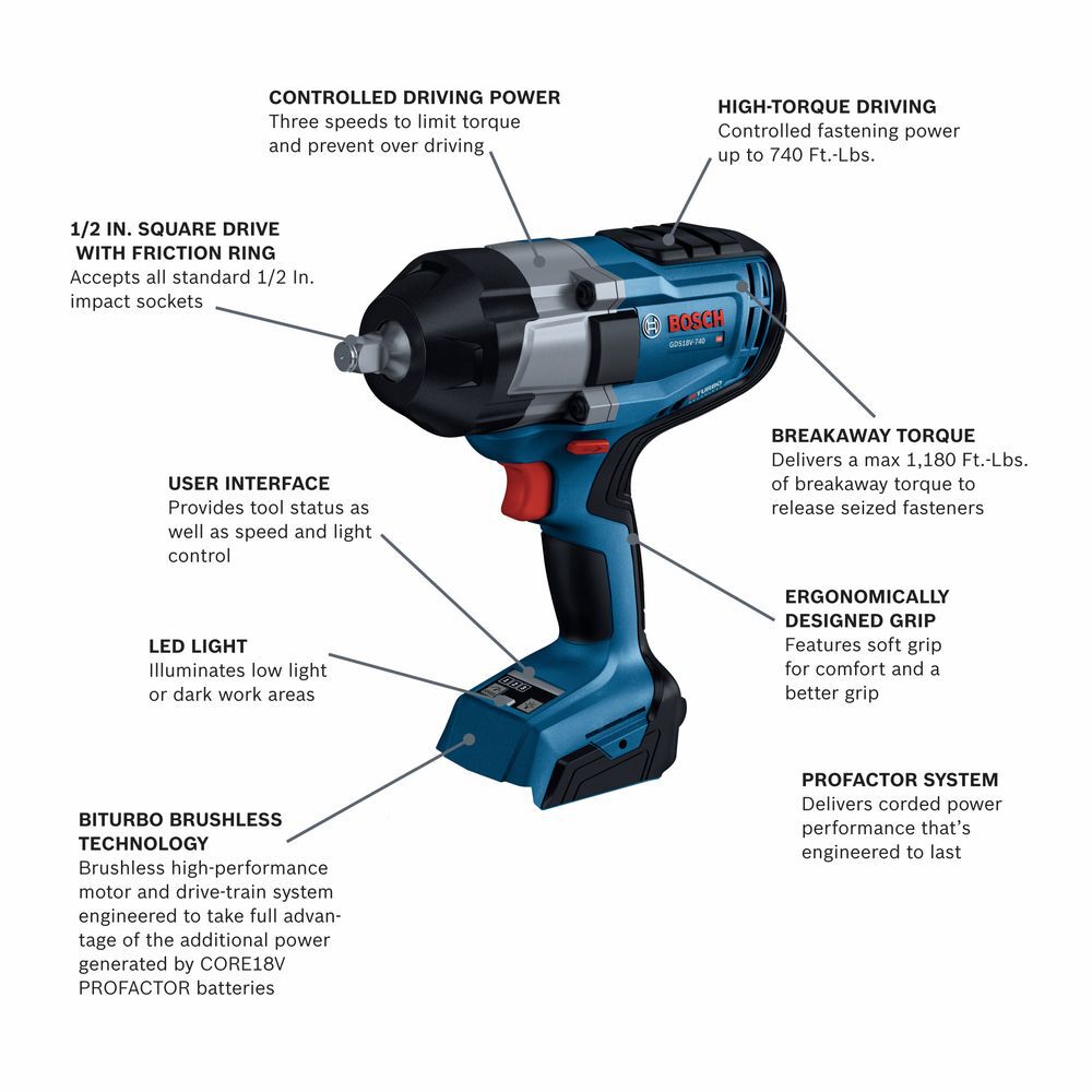 Bosch PROFACTOR 18V Impact Wrench 1/2 Inch with Friction Ring (Bare Tool) Reconditioned, large image number 2