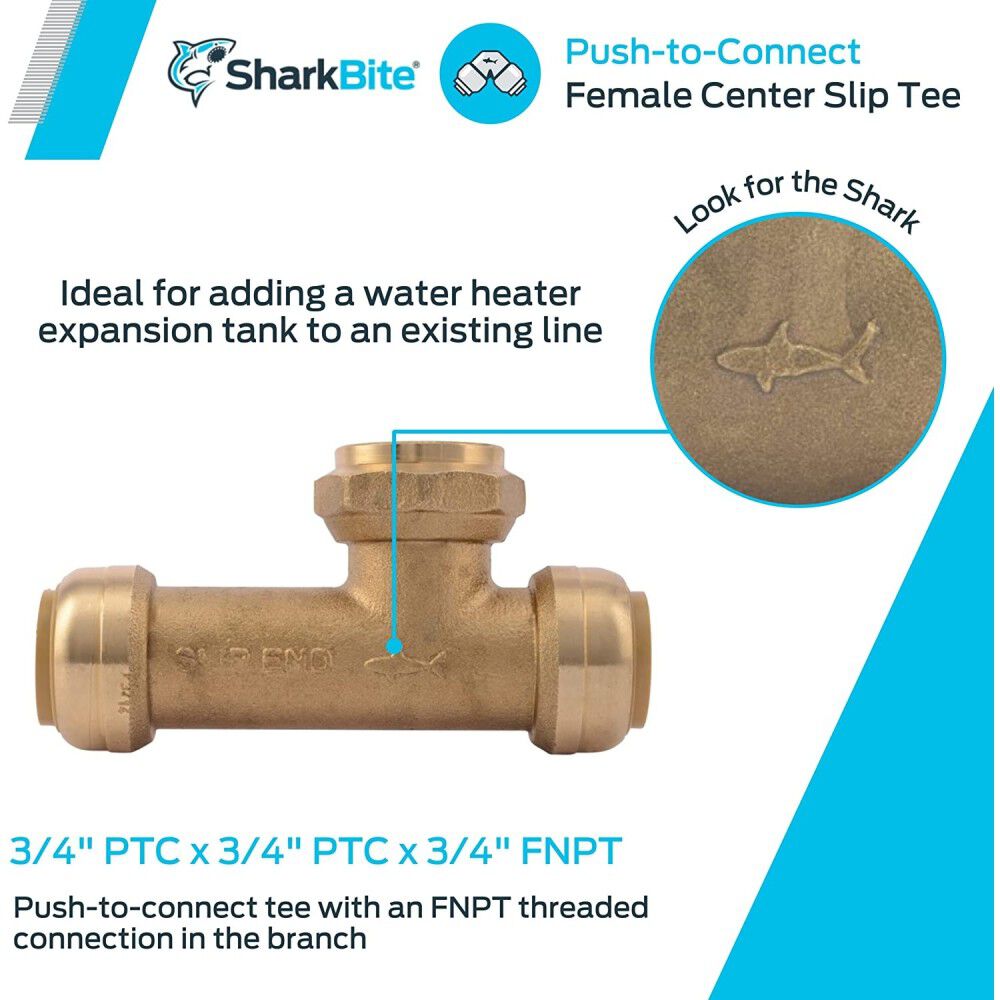 Sharkbite 3/4 x 3/4 x 3/4in Brass Female Center Slip Tee, large image number 4