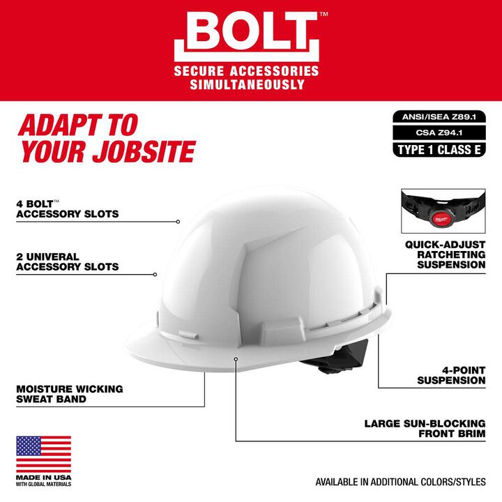 Milwaukee White Front Brim Hard Hat with 4pt Ratcheting Suspension Type 1 Class E, large image number 2