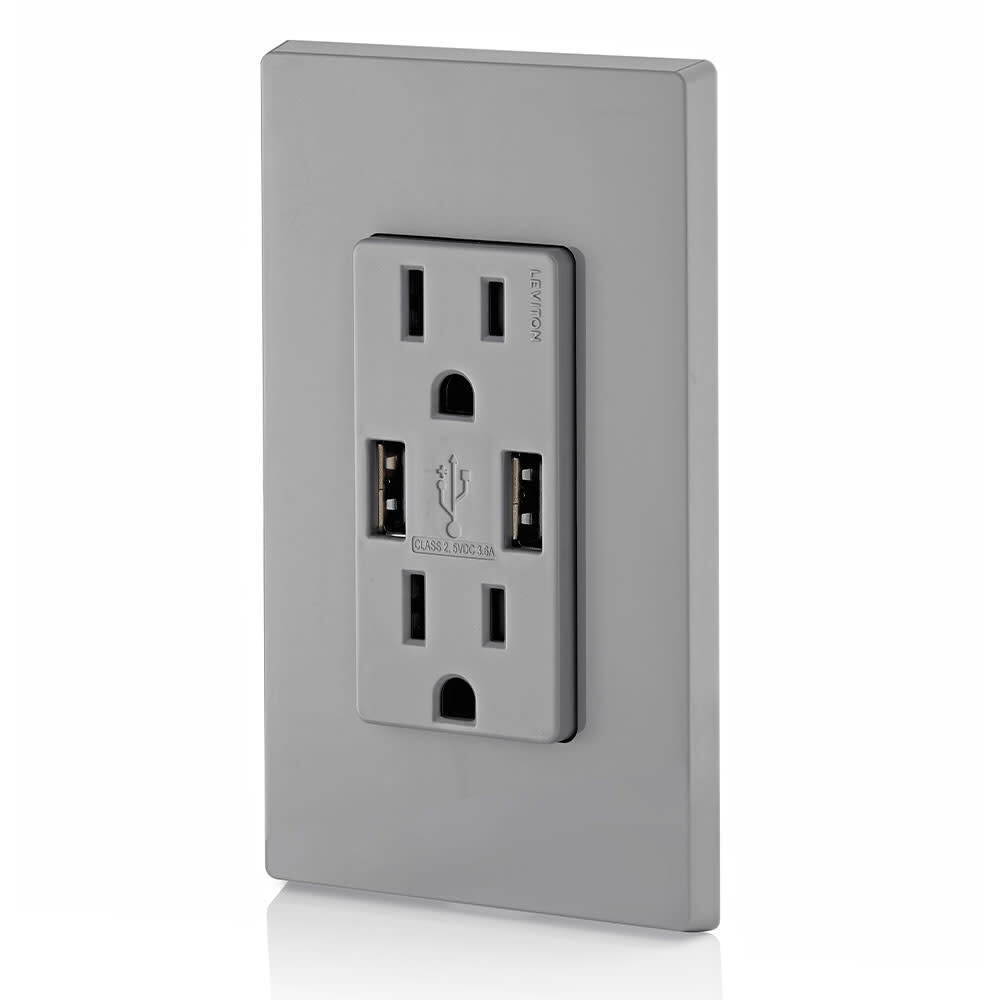 Leviton Decora 15A 125V Gray NEMA 5-15R Outlet & USB Charger, large image number 4