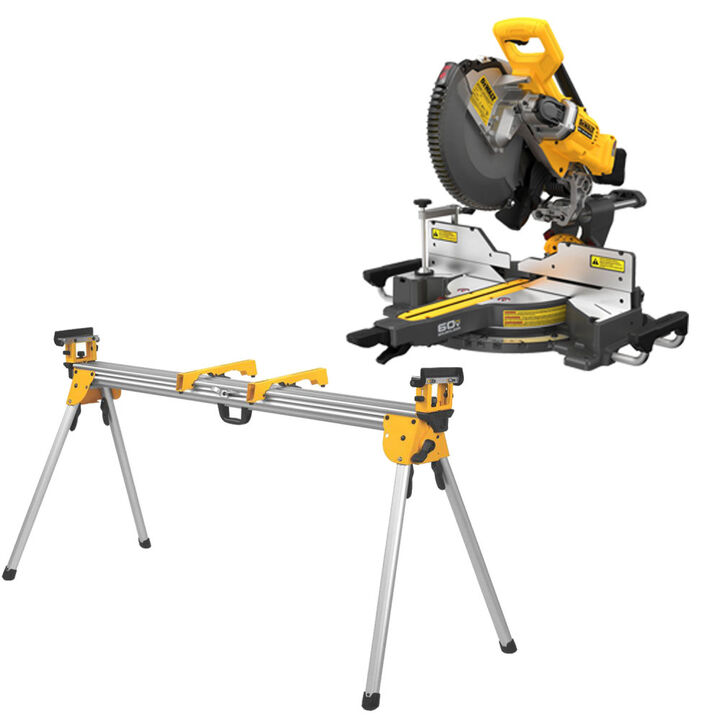 DEWALT 60V MAX Brushless Cordless 12 inch Double Bevel Sliding Miter Saw (Bare Tool) with Heavy Duty Miter Saw Stand Bundle