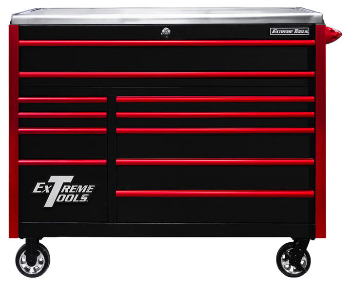 Extreme Tools EXQ Series 55 Inch W x 30 Inch D 11 Drawer Professional Roller Cabinet 300 lbs Slides Black with Red EX Quick Release Drawer Pulls and Trim