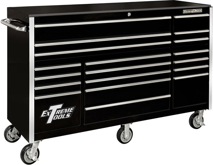 Extreme Tools RX Series 72 Inch W x 25 Inch D 19 Drawer Triple Bank Roller Cabinet 150 lb Slides Black with Chrome Drawer Pulls