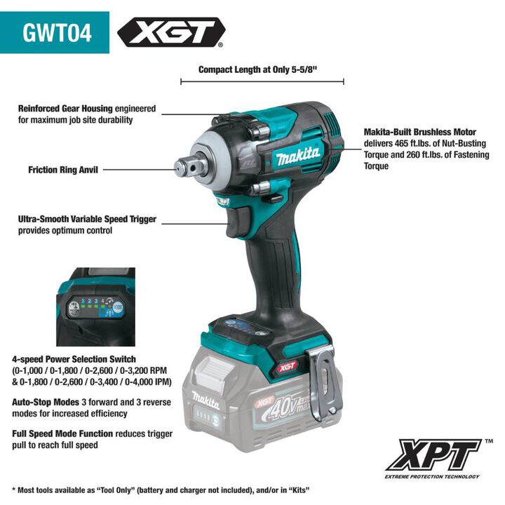 Makita 40V max XGT Impact Wrench 4 Speed 1/2in (Bare Tool), large image number 2