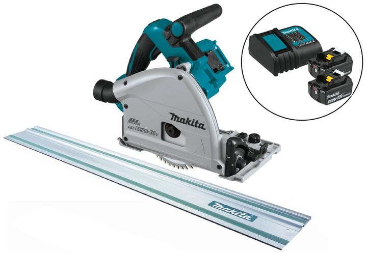 Makita 18V X2 LXT Lithium-Ion (36V) Brushless 6-1/2 Inch Plunge Circular Saw, 55 Inch Guide Rail, & 4 Ah Battery and Charger Starter Pack Bundle