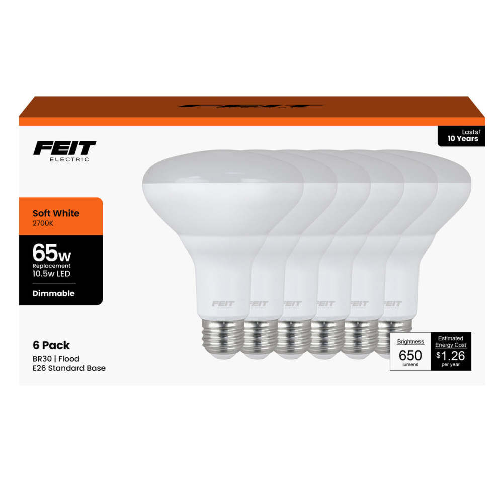 Feit Electric 10.5W 650 Lumens BR30 E26 Base Reflector LED Bulb Soft White 6 Pieces, large image number 1
