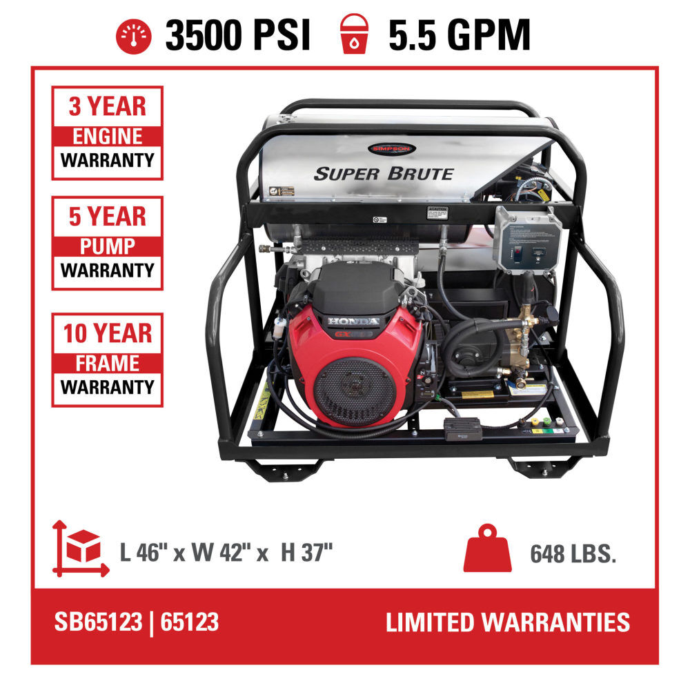 Simpson Super Brute 3500 PSI 5.5 GPM Gas Powered Hot Water Pressure Washer with 4 Spray Tips, large image number 6