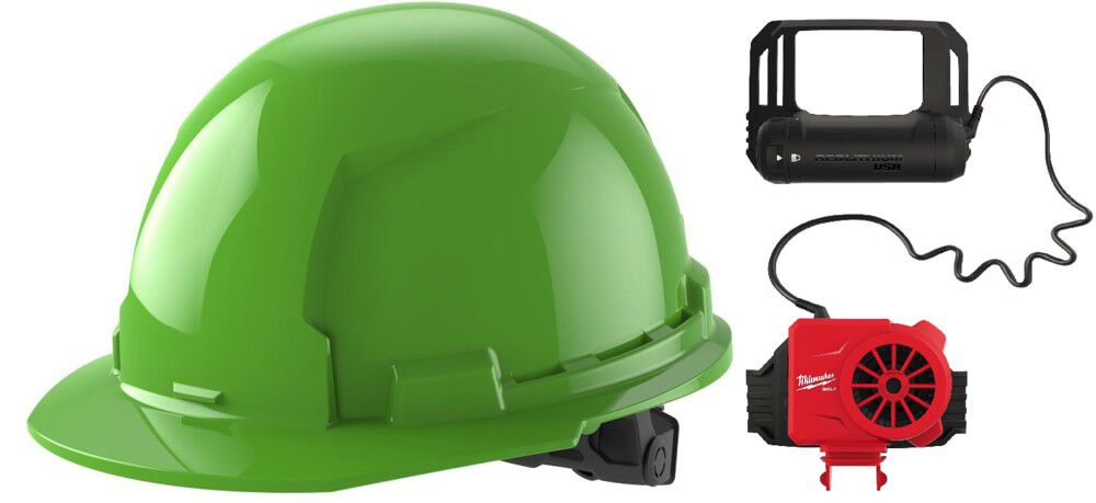 Milwaukee Green Front Brim Hard Hat with 6pt Ratcheting Suspension Type 1 Class E & BOLT USB Cooling Fan Bundle, large image number 1