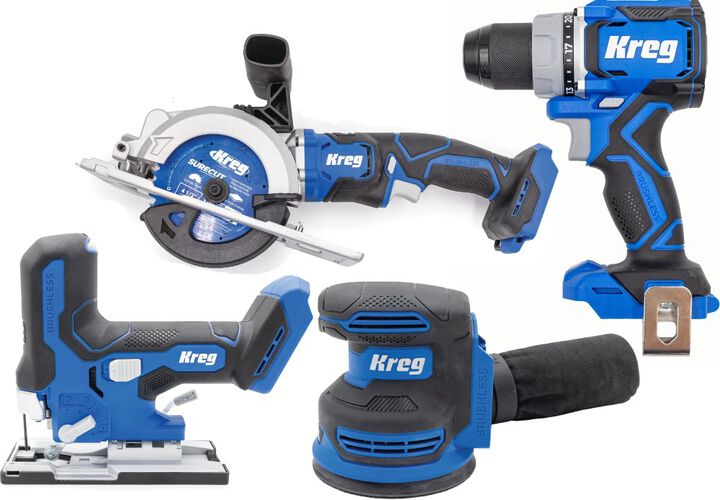Kreg 20V Ionic Drive 1/2 Inch Compact Drill 4-1/2 Inch Circular Saw Barrel Grip Jigsaw & 5 Inch Random Orbit Sander (Bare Tool) Bundle