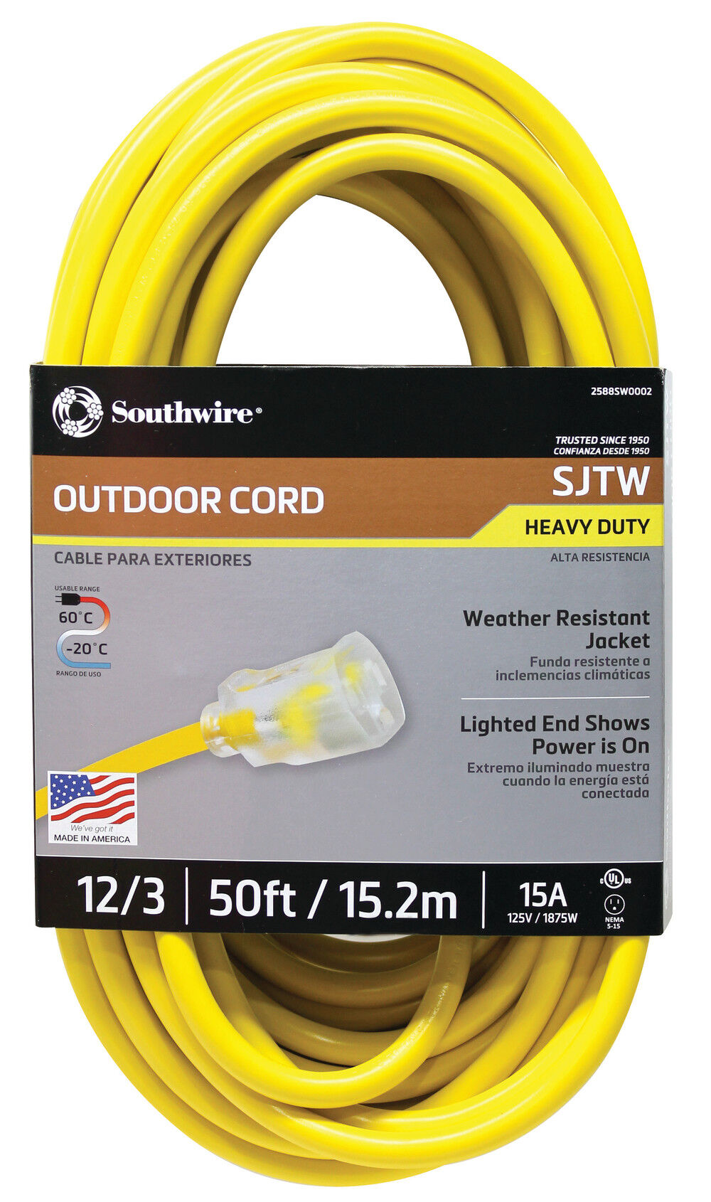 Southwire SJTW Outdoor Extension Cord 12/3 50 Ft Yellow, large image number 3