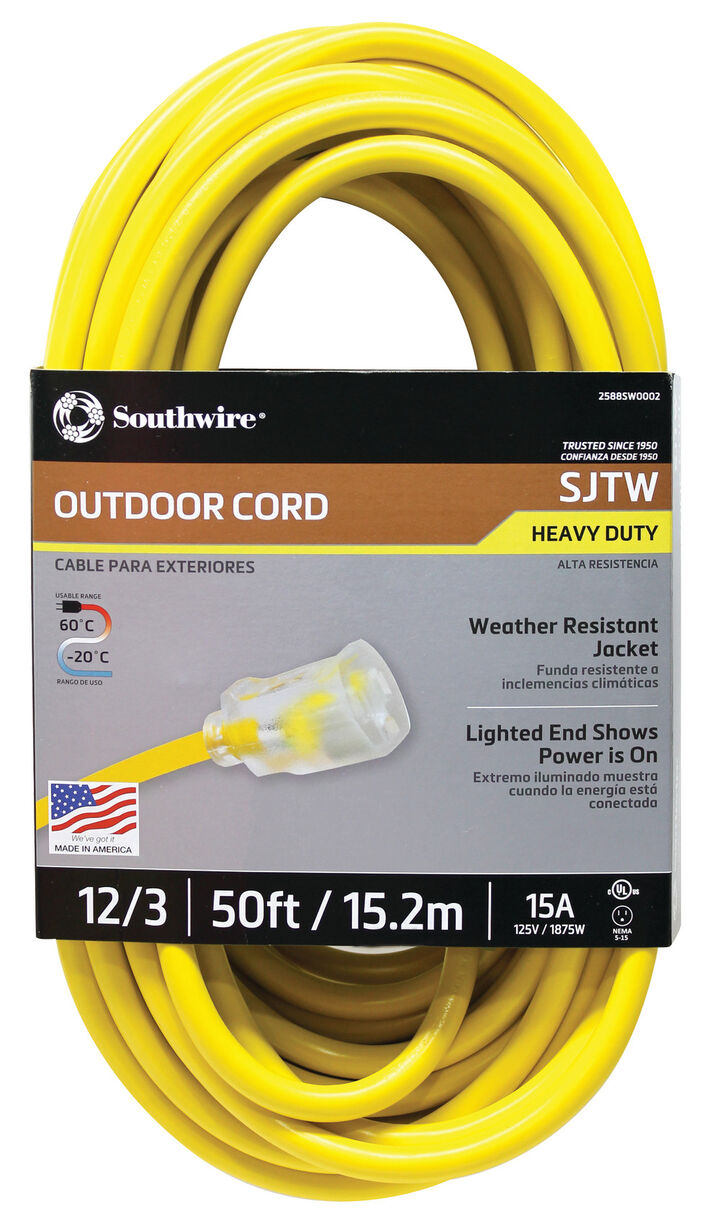 Southwire SJTW Outdoor Extension Cord 12/3 50 Ft Yellow, large image number 2