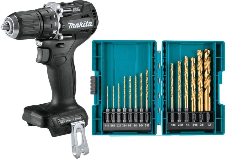 Makita 18V LXT 1/2 Inch Driver Drill Lithium Ion Sub Compact Brushless Cordless (Bare Tool) & Impact GOLD 14 Pc Titanium Drill Bit Set Bundle