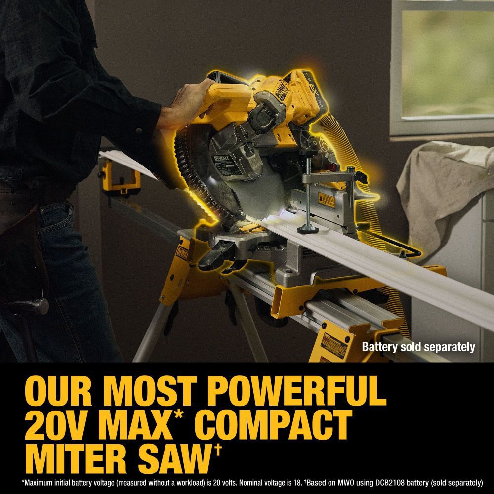 DEWALT 20V MAX* XR 10 Inch Double Bevel Fixed Miter Saw, Compact Miter Saw Stand, & 5Ah Starter Kit Bundle, large image number 7