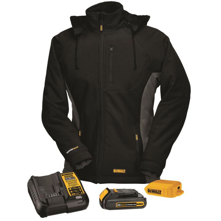 DEWALT Hooded Soft Shell Jacket Kitted: Battery Adapter & Charger Black - XL