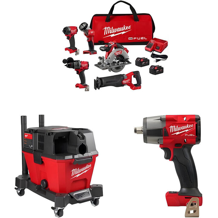 Milwaukee M18 FUEL 5-Tool Combo Kit, Wet/Dry Vacuum, Impact Wrench Bundle