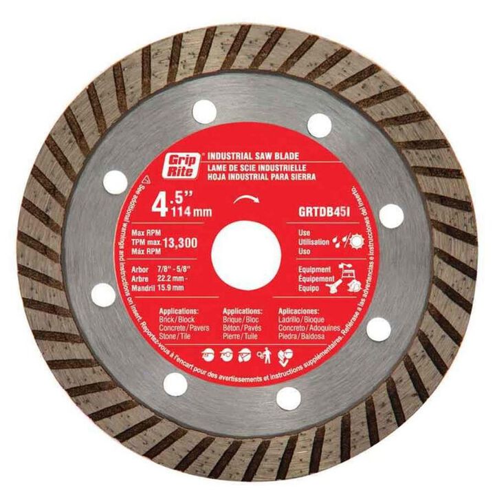 Grip Rite 4 1/2 Inch Industrial Turbo Rim Diamond Blade for Masonry and Tile, large image number 0