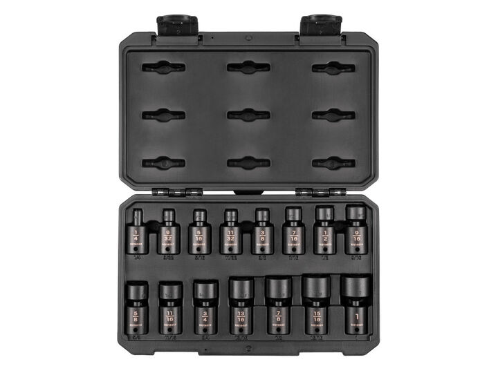Tekton 3/8 in dr Universal Joint Impact Socket Set, Case, 15 Pieces 1/4-1 Inch