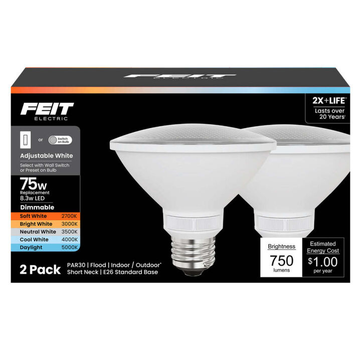 Feit Electric 8.3W 750 Lumens E26 Base PAR30 Adjustable LED Bulb White 2 Pieces
