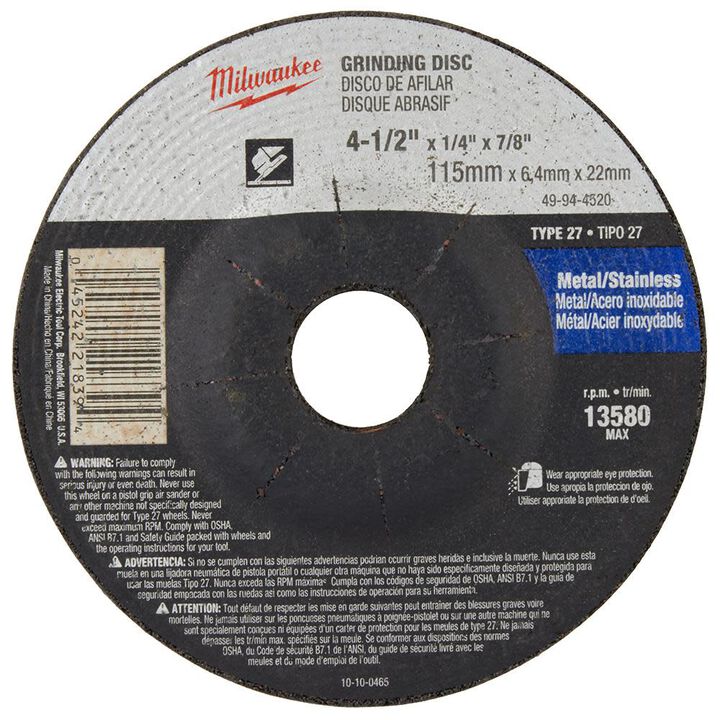 Milwaukee 4-1/2 in. x 1/4 in. x 7/8 in. Grinding Wheel (Type 27), large image number 6