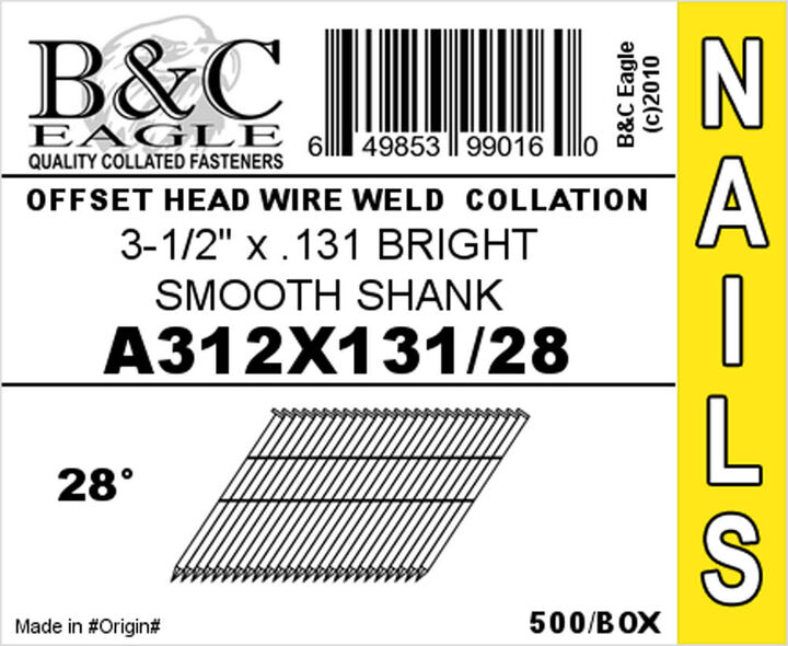 B and C Eagle (500) 3-1/2 x .131 Wire Collated Smooth Bright Framing Nails, large image number 1