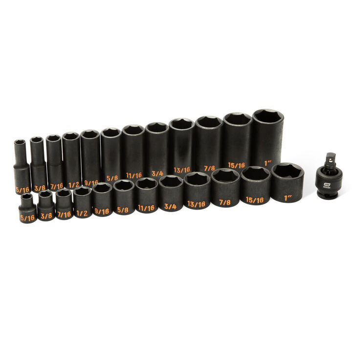 GEARWRENCH 3/8 Inch Drive 6 Point SAE Hi-Viz STD & Deep Impact Socket Set 25 Pieces