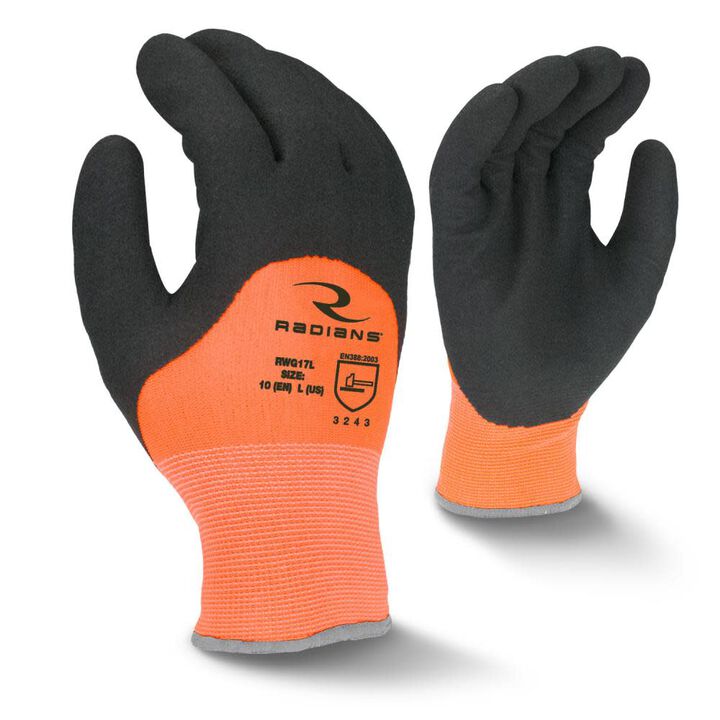 Radians Cold Weather Hi Viz Latex Coated Insulated Glove with Abrasion Protection - Orange Large with Hang Tag