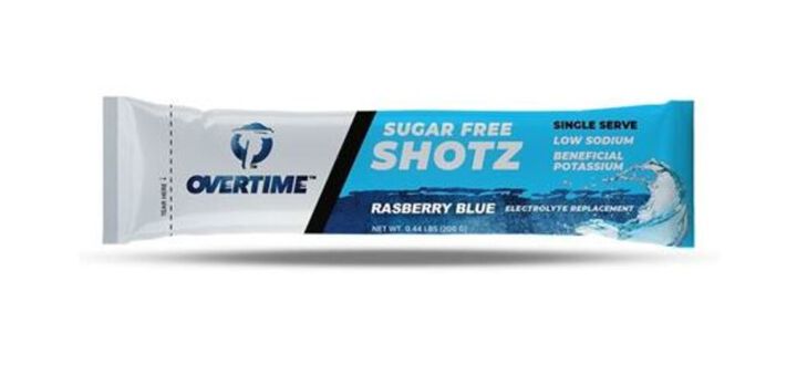Overtime 200 gram Raspberry Blue Sugar Free Electrolyte Replacement Single Shotz, 400qty