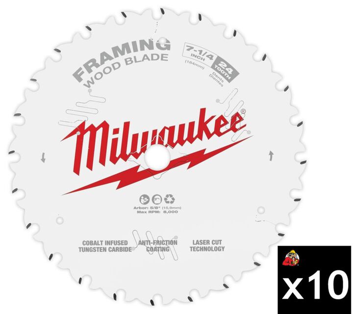 Milwaukee 7-1/4 Inch 24T Pack of 10 Framing Circular Saw Blades