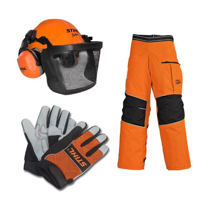 Stihl ProMark Helmet System & 36 Inch Apron Chaps Meshback Gloves Bundle