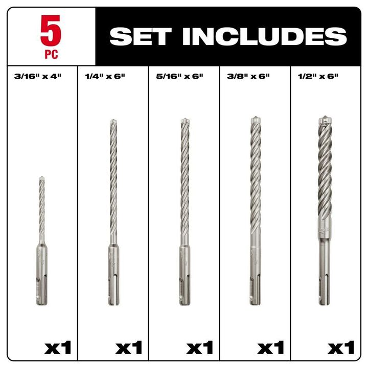Milwaukee 5-Piece MX4 4-Cutter SDS-Plus Rotary Hammer-Drill Bit Kit, large image number 2