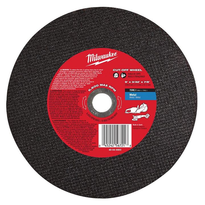 Milwaukee 9 Inch X 3/32 Inch X 7/8 Inch Metal Cut-Off Wheel