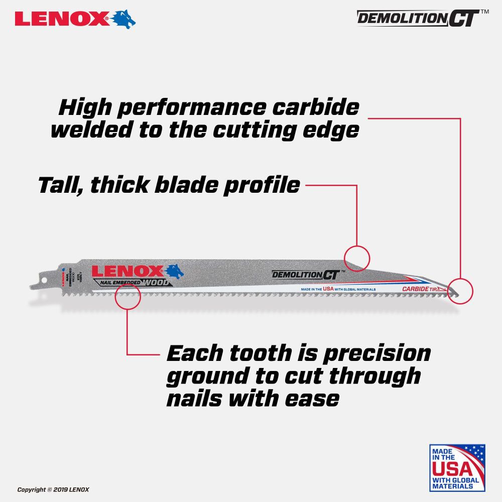 Lenox 12 Inch x 1 Inch Demolition CT Reciprocating Saw Blades 5 Pieces, large image number 2