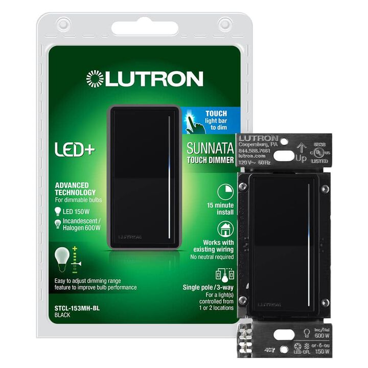 Lutron Sunnata LED+ 120V 150W 1.25A 1P Gloss Black 3-Way Dimmer Switch, large image number 1
