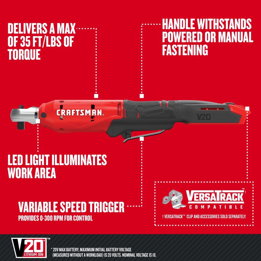 CRAFTSMAN V20* Cordless 3/8 Inch Drive Ratchet (Bare Tool), large image number 2