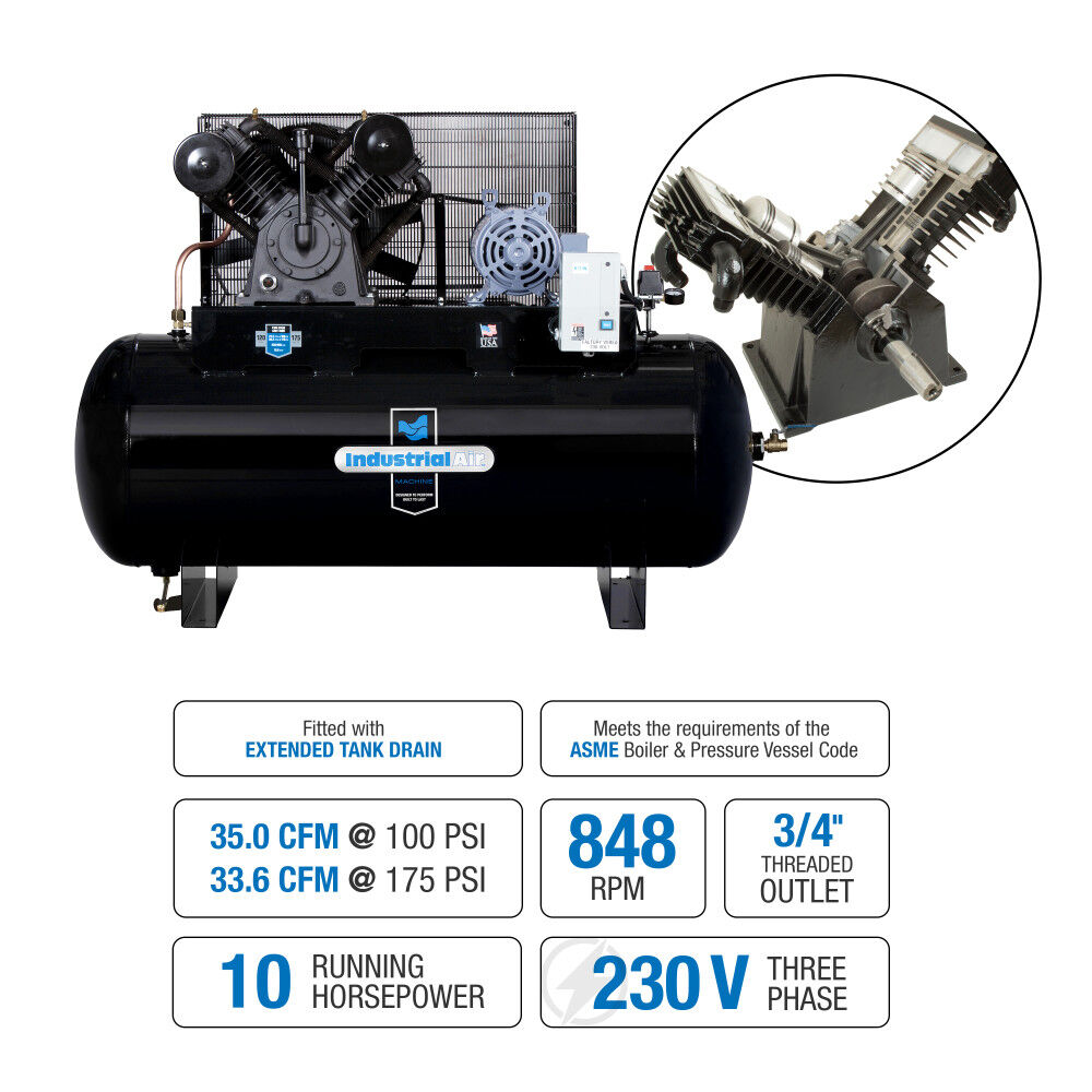 Industrial Air Compressor 10 HP Three Phase 230V 120 Gallon Horizontal Two Stage, large image number 2