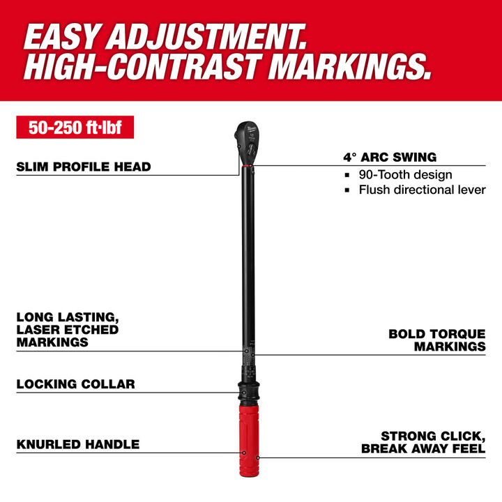 Milwaukee 1/2 Inch Drive Click Torque Wrench 50-250 Ft-Lbs, large image number 1