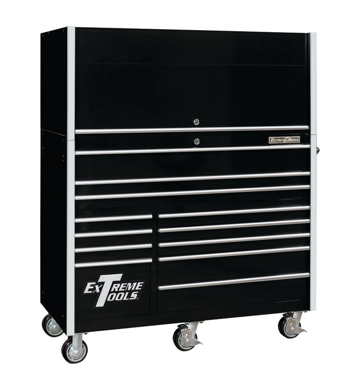 Extreme Tools RX Series 55 Inch W x 25 Inch D Professional Extreme Power Workstation Hutch & 12 Drawer Roller Cabinet 150 lbs Slides Combo Black with Chrome Drawer Pulls